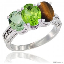 10K White Gold Natural Green Amethyst, Peridot & Tiger Eye Ring 3-Stone Oval 7x5 mm Diamond Accent