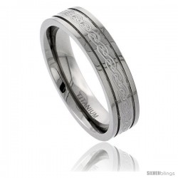 Titanium 6 mm Flat Wedding Band Ring Etched Celtic Knot work Raised Edges Comfort Fit