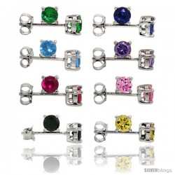 8 pair set Sterling Silver 1/2 cttw Color CZ Stud Earrings Emerald, Blue Sapphire, Blue Topaz, Amethyst, Ruby, Pink, Black