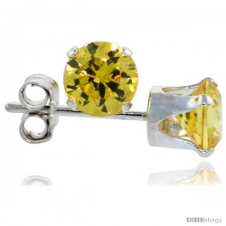 Sterling Silver Brilliant Cut Cubic Zirconia Stud Earrings 5 mm Citrine Yellow Color 1 cttw