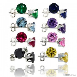 8-Pair Set Sterling Silver Color Cubic Zirconia Stud Earrings 5 mm Emerald, Blue Sapphire, Blue Topaz, Amethyst, Ruby, Pink