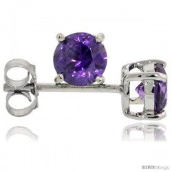 Sterling Silver Brilliant Cut Cubic Zirconia Stud Earrings Amethyst Purple 1/2 cttw Basket Set Rhodium Finish