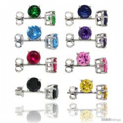 8 pair set Sterling Silver 1 cttw Color CZ Stud Earrings Emerald, Blue Sapphire, Blue Topaz, Amethyst, Ruby, Pink, Black