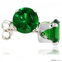 Sterling Silver Brilliant Cut Cubic Zirconia Stud Earrings 6 mm Emerald Green Color 2 cttw