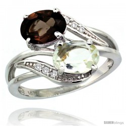 14k White Gold ( 8x6 mm ) Double Stone Engagement Green Amethyst & Smoky Topaz Ring w/ 0.07 Carat Brilliant Cut Diamonds & 2.34