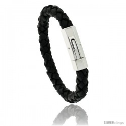 Stainless Steel Leather Braid Bracelet Color Black 3/8 in wide
