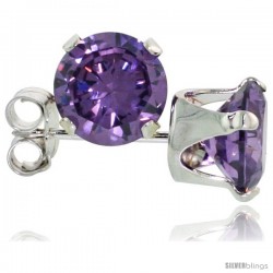 Sterling Silver Brilliant Cut Cubic Zirconia Stud Earrings 6 mm Amethyst Purple Color 2 cttw