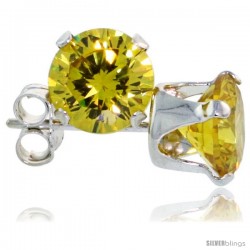 Sterling Silver Brilliant Cut Cubic Zirconia Stud Earrings 6 mm Citrine Yellow Color 2 cttw