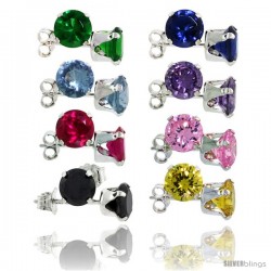 8-Pair Set Sterling Silver Color Cubic Zirconia Stud Earrings 6 mm Emerald, Blue Sapphire, Blue Topaz, Amethyst, Ruby, Pink