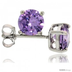 Sterling Silver Brilliant Cut Cubic Zirconia Stud Earrings Amethyst Purple 1 cttw Basket Set Rhodium Finish