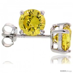 Sterling Silver Brilliant Cut Cubic Zirconia Stud Earrings Citrine Yellow 1 cttw Basket Set Rhodium Finish