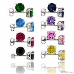 8 pair set Sterling Silver 2 cttw Color CZ Stud Earrings Emerald, Blue Sapphire, Blue Topaz, Amethyst, Ruby, Pink, Black