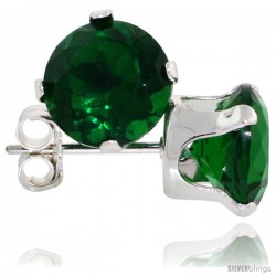 Sterling Silver Brilliant Cut Cubic Zirconia Stud Earrings 7 mm Emerald Green Color 2 1/2 cttw
