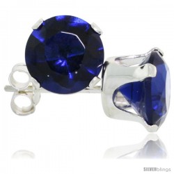 Sterling Silver Brilliant Cut Cubic Zirconia Stud Earrings 7 mm Sapphire Blue Color 2 1/2 cttw