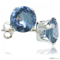 Sterling Silver Brilliant Cut Cubic Zirconia Stud Earrings 7 mm Topaz Blue Color 2 1/2 cttw