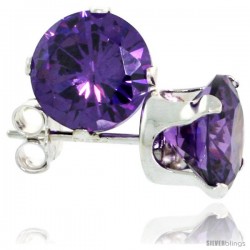 Sterling Silver Brilliant Cut Cubic Zirconia Stud Earrings 7 mm Amethyst Purple Color 2 1/2 cttw