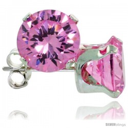 Sterling Silver Brilliant Cut Cubic Zirconia Stud Earrings 7 mm Pink Zircon Color 2 1/2 cttw