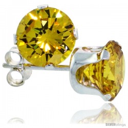 Sterling Silver Brilliant Cut Cubic Zirconia Stud Earrings 7 mm Citrine Yellow Color 2 1/2 cttw