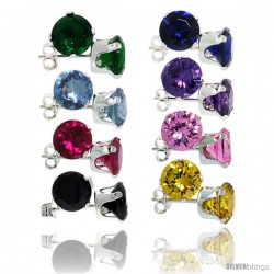 8-Pair Set Sterling Silver Color Cubic Zirconia Stud Earrings 7 mm Emerald, Blue Sapphire, Blue Topaz, Amethyst, Ruby, Pink