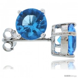 Sterling Silver Brilliant Cut Cubic Zirconia Stud Earrings Topaz Blue 1 1/4 cttw Basket Set Rhodium Finish