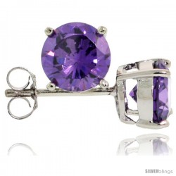 Sterling Silver Brilliant Cut Cubic Zirconia Stud Earrings Amethyst Purple 1 1/4 cttw Basket Set Rhodium Finish