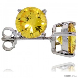 Sterling Silver Brilliant Cut Cubic Zirconia Stud Earrings Citrine Yellow 1 1/4 cttw Basket Set Rhodium Finish