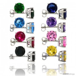 8 pair set Sterling Silver 2 1/2 cttw Color CZ Stud Earrings Emerald, Blue Sapphire, Blue Topaz, Amethyst, Ruby, Pink, Black
