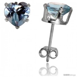 Sterling Silver Heart Cubic Zirconia Stud Earrings 6 mm Blue Topaz Colored 1 1/2 cttw