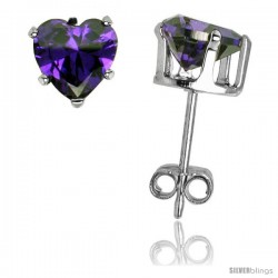 Sterling Silver Heart Cubic Zirconia Stud Earrings 6 mm Amethyst Colored 1 1/2 cttw