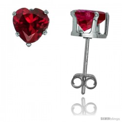 Sterling Silver Heart Cubic Zirconia Stud Earrings 6 mm Ruby Red Colored 1 1/2 cttw