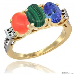 10K Yellow Gold Natural Coral, Malachite & Tanzanite Ring 3-Stone Oval 7x5 mm Diamond Accent