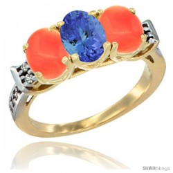 10K Yellow Gold Natural Tanzanite & Coral Sides Ring 3-Stone Oval 7x5 mm Diamond Accent