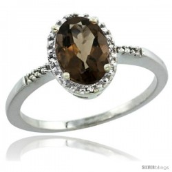 Sterling Silver Diamond Natural Smoky Topaz Ring 1.17 ct Oval Stone 8x6 mm, 3/8 in wide