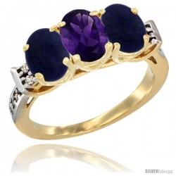 10K Yellow Gold Natural Amethyst & Lapis Sides Ring 3-Stone Oval 7x5 mm Diamond Accent