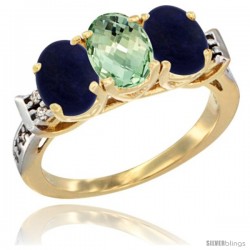 10K Yellow Gold Natural Green Amethyst & Lapis Sides Ring 3-Stone Oval 7x5 mm Diamond Accent