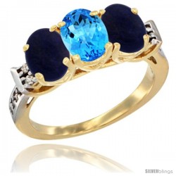 10K Yellow Gold Natural Swiss Blue Topaz & Lapis Sides Ring 3-Stone Oval 7x5 mm Diamond Accent