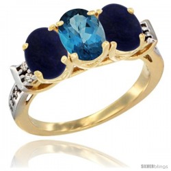 10K Yellow Gold Natural London Blue Topaz & Lapis Sides Ring 3-Stone Oval 7x5 mm Diamond Accent