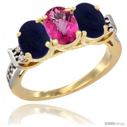 10K Yellow Gold Natural Pink Topaz & Lapis Sides Ring 3-Stone Oval 7x5 mm Diamond Accent