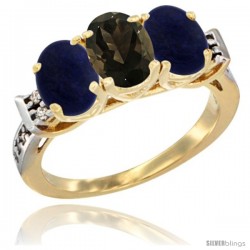 10K Yellow Gold Natural Smoky Topaz & Lapis Sides Ring 3-Stone Oval 7x5 mm Diamond Accent