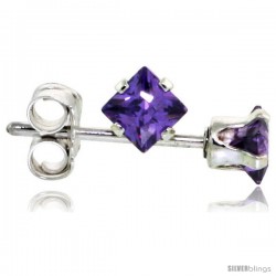 Sterling Silver Color Cubic Zirconia Stud Earrings 3 mm Amethyst Square Purple 1/5 cttw