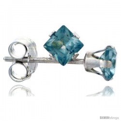 Sterling Silver Color Cubic Zirconia Stud Earrings 3 mm Blue Topaz Square 1/5 cttw