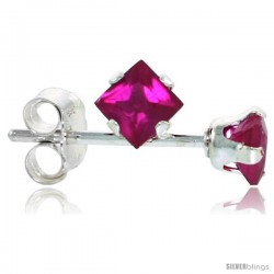 Sterling Silver Color Cubic Zirconia Stud Earrings 3 mm Ruby Red Square 1/5 cttw