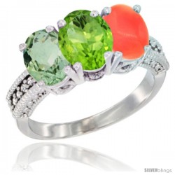 10K White Gold Natural Green Amethyst, Peridot & Coral Ring 3-Stone Oval 7x5 mm Diamond Accent