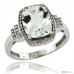 10k White Gold Diamond Halo Green Amethyst Ring 2.4 ct Cushion Cut 9x7 mm, 1/2 in wide