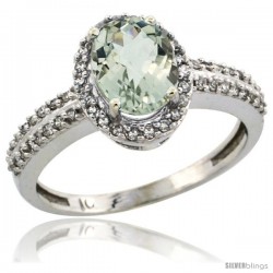 10k White Gold Diamond Halo Green Amethyst Ring 1.2 ct Oval Stone 8x6 mm, 3/8 in wide