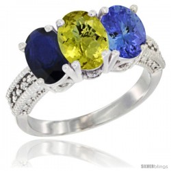 14K White Gold Natural Blue Sapphire, Lemon Quartz & Tanzanite Ring 3-Stone 7x5 mm Oval Diamond Accent