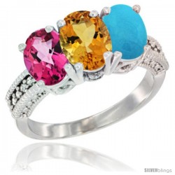 14K White Gold Natural Pink Topaz, Citrine & Turquoise Ring 3-Stone 7x5 mm Oval Diamond Accent