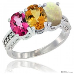 14K White Gold Natural Pink Topaz, Citrine & Opal Ring 3-Stone 7x5 mm Oval Diamond Accent