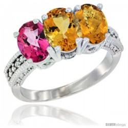 14K White Gold Natural Pink Topaz, Citrine & Whisky Quartz Ring 3-Stone 7x5 mm Oval Diamond Accent