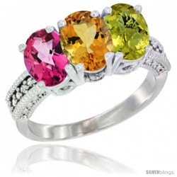 14K White Gold Natural Pink Topaz, Citrine & Lemon Quartz Ring 3-Stone 7x5 mm Oval Diamond Accent